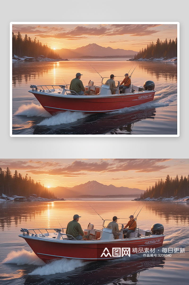 日出的男人和男孩在摩托艇上钓鱼素材