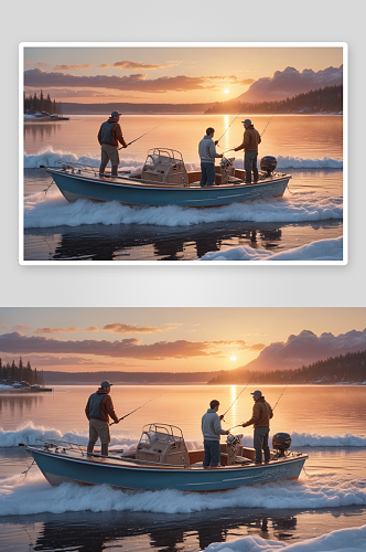 男人和男孩在摩托艇上享受日出钓鱼的美景