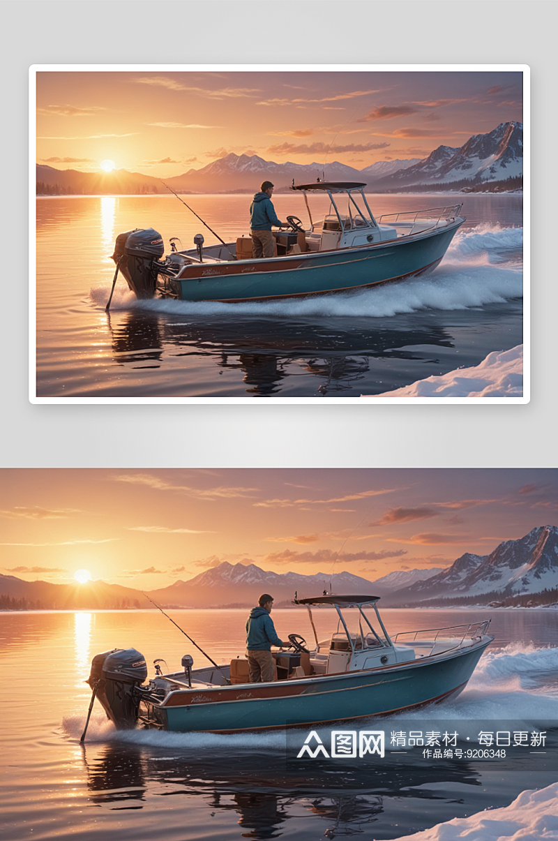 男人和男孩在摩托艇上享受日出钓鱼的美景素材