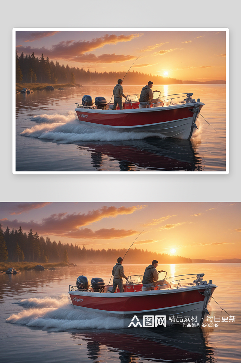 男人和男孩在摩托艇上享受日出钓鱼的美景素材
