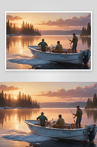 男人和男孩在摩托艇上享受日出钓鱼的美景