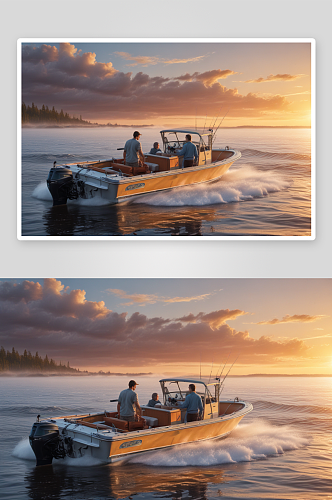 男人和男孩在摩托艇上的钓鱼日出