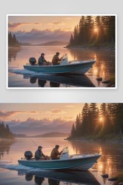 男人和男孩在摩托艇上钓鱼的逼真着色书图像