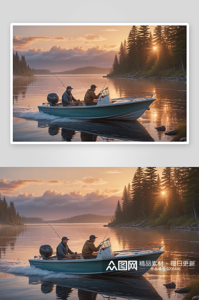 男人和男孩在摩托艇上钓鱼的逼真着色书图像素材