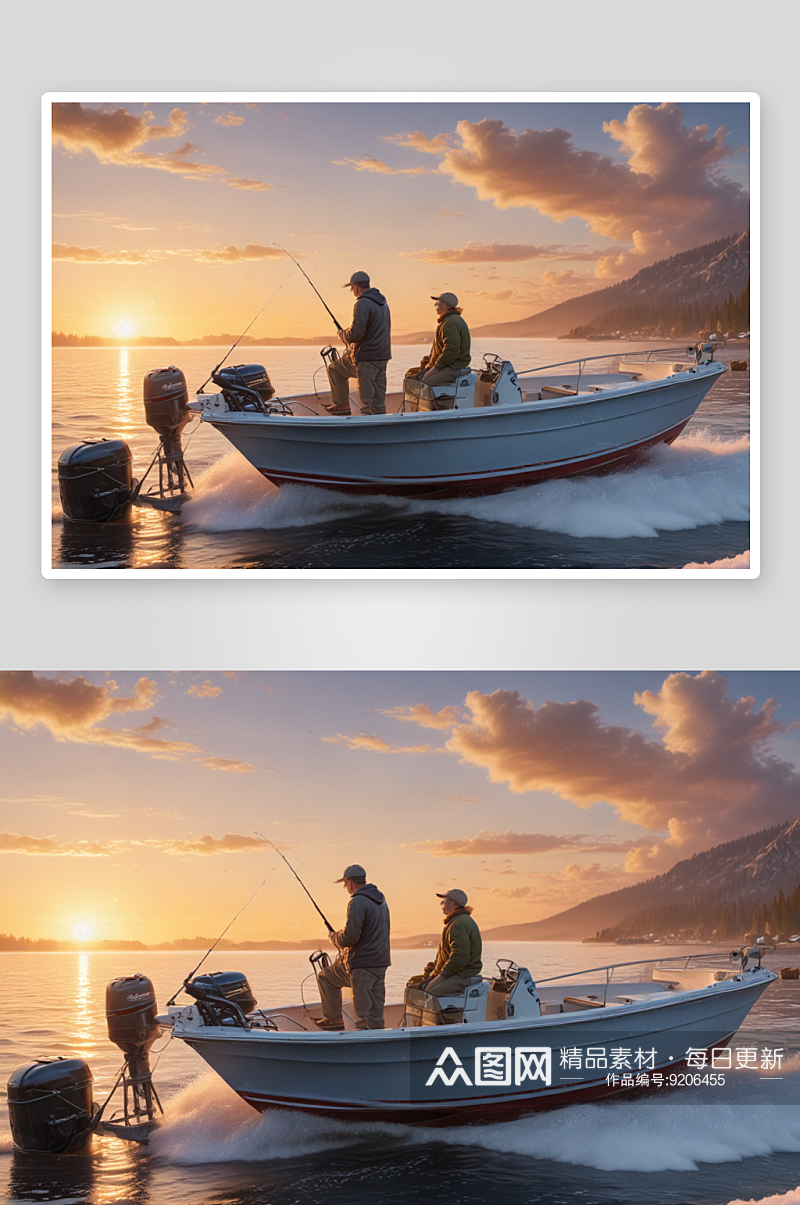 男人和男孩在摩托艇上钓鱼的逼真着色书图像素材
