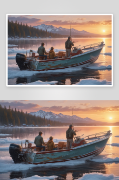 男人和男孩在摩托艇上钓鱼的逼真着色书图像