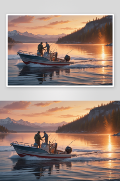 男人和男孩在摩托艇上的着色书艺术