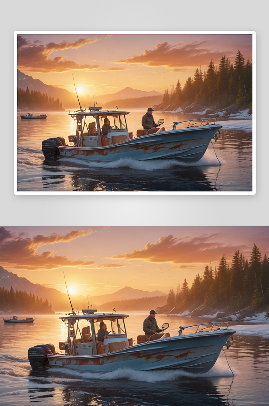 男人和男孩在摩托艇上迎接日出垂钓