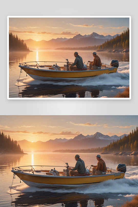 男人和男孩在摩托艇上迎接日出垂钓