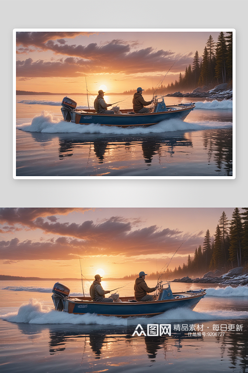 男人和男孩在摩托艇上的钓鱼日出素材