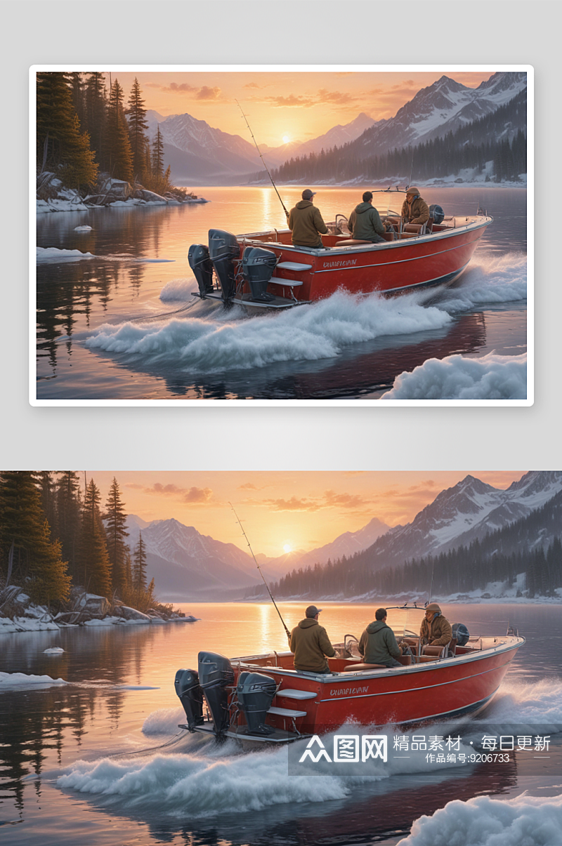 男人和男孩在摩托艇上的钓鱼日出素材