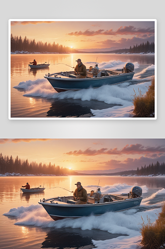 男人和男孩在摩托艇上的钓鱼日出