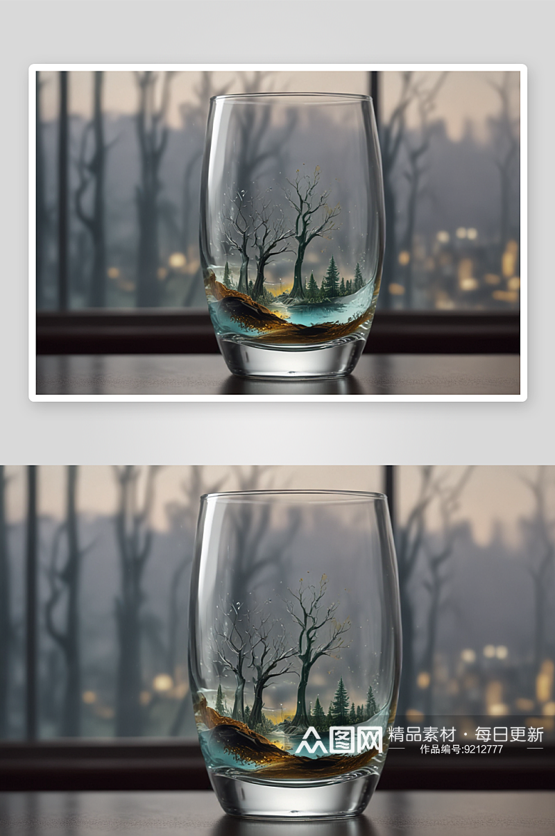 桌上的艺术玻璃杯中的世界素材