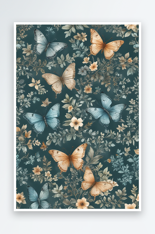 水彩艺术柔美花卉蝴蝶与叶子的纹样