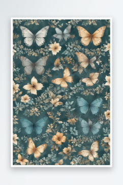 柔和水彩娇嫩花朵蝴蝶和叶子的图案