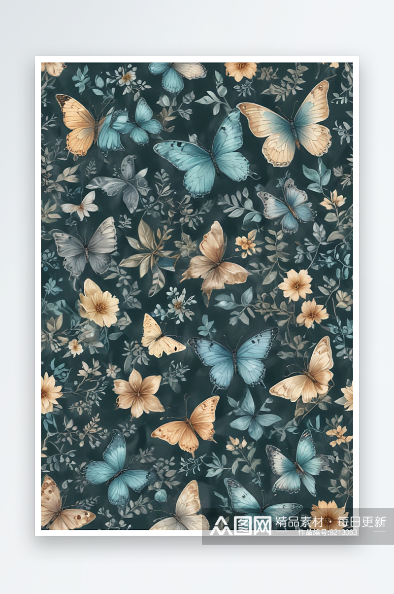 柔和水彩娇嫩花朵蝴蝶和叶子的图案素材