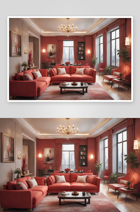 奢华公寓红色沙发视觉效果