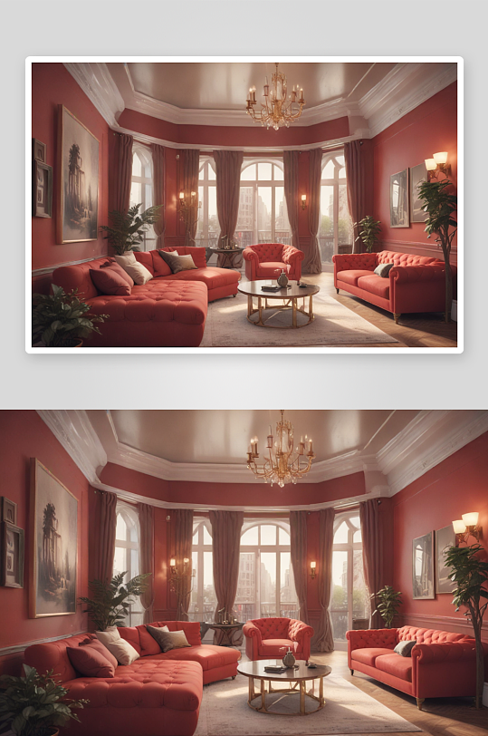 奢华公寓红色沙发视觉效果