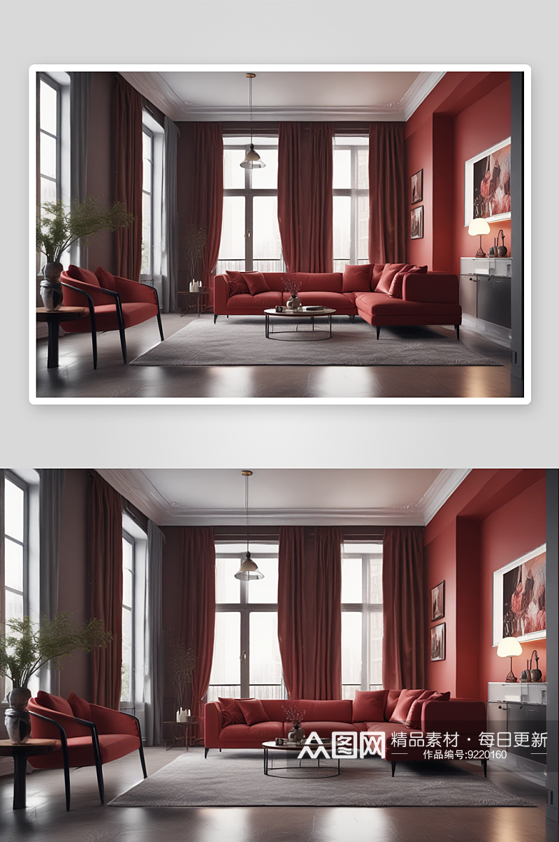 高端视觉效果豪华公寓红色沙发素材