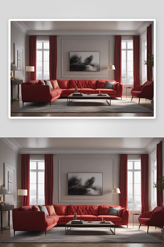 高端视觉效果豪华公寓红色沙发