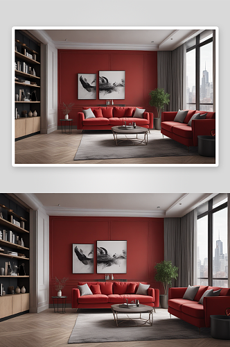 高端视觉效果豪华公寓红色沙发