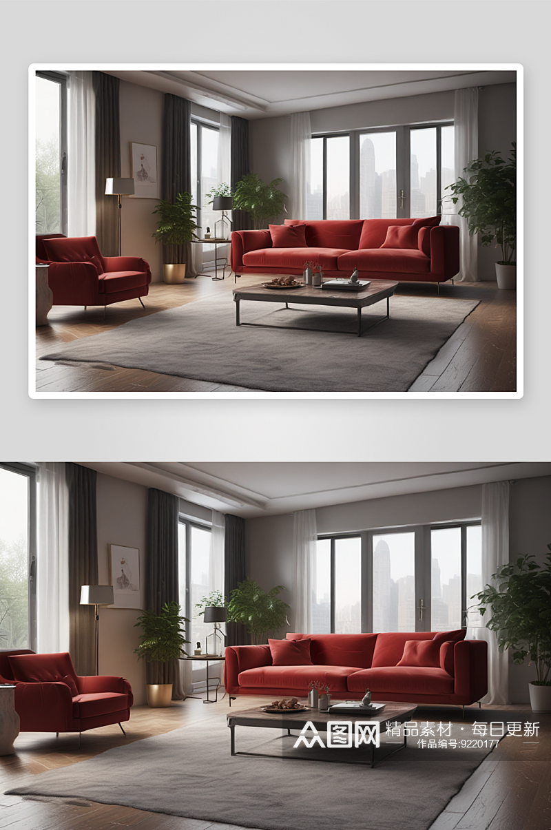 高端视觉效果豪华公寓红色沙发素材