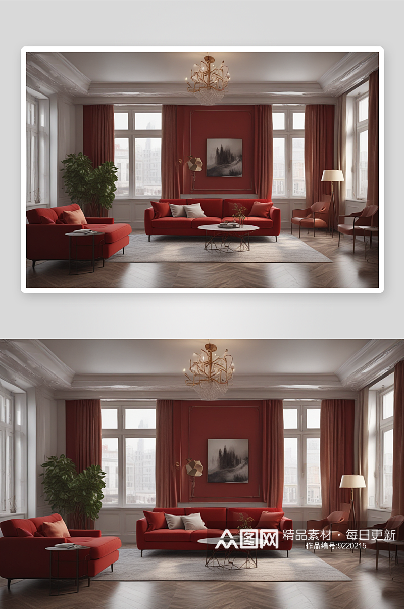 豪华公寓红色沙发室内图素材