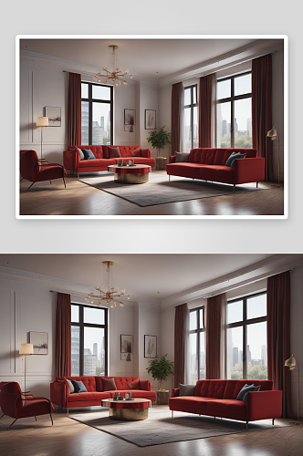 豪华公寓红色沙发装修效果