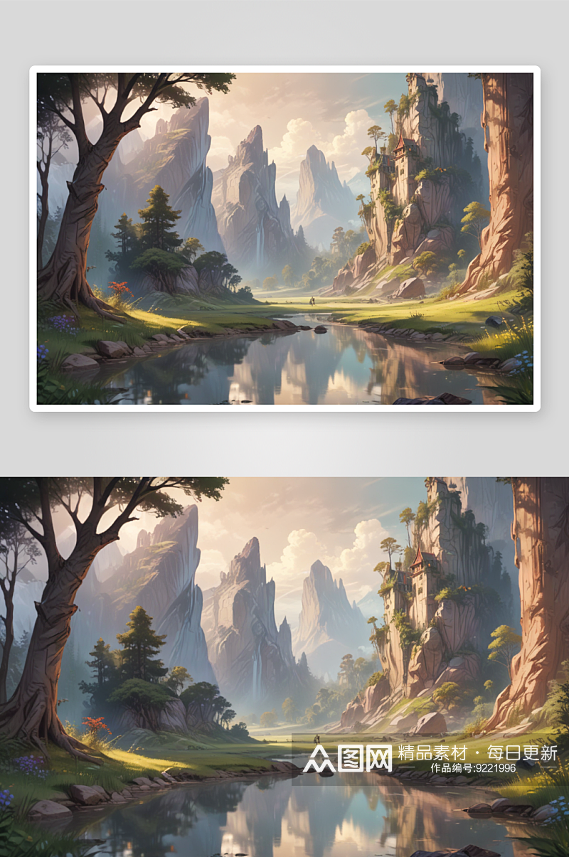 山上湖树房景绘油画风景素材