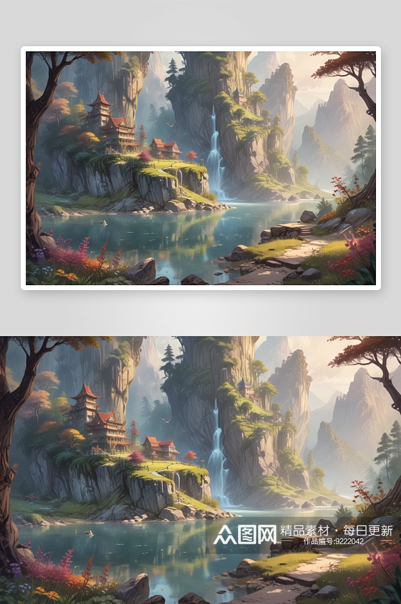 山上湖屋树木绘画油画风景素材