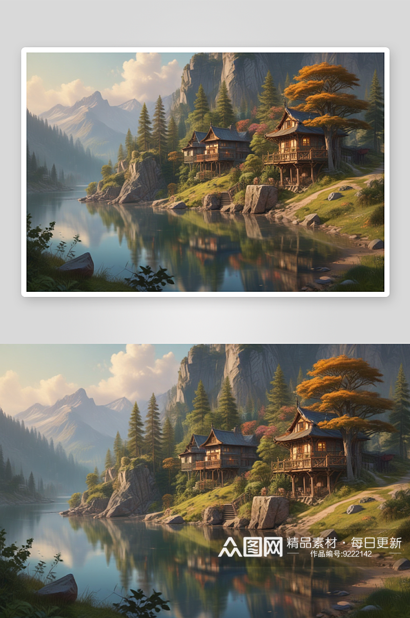 山居湖畔房屋绘图油画风景素材