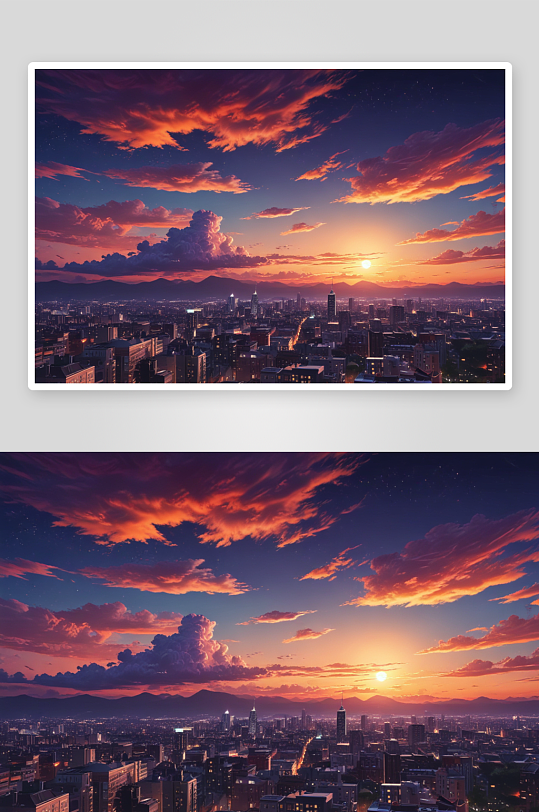 日落时的城市远景插画图片
