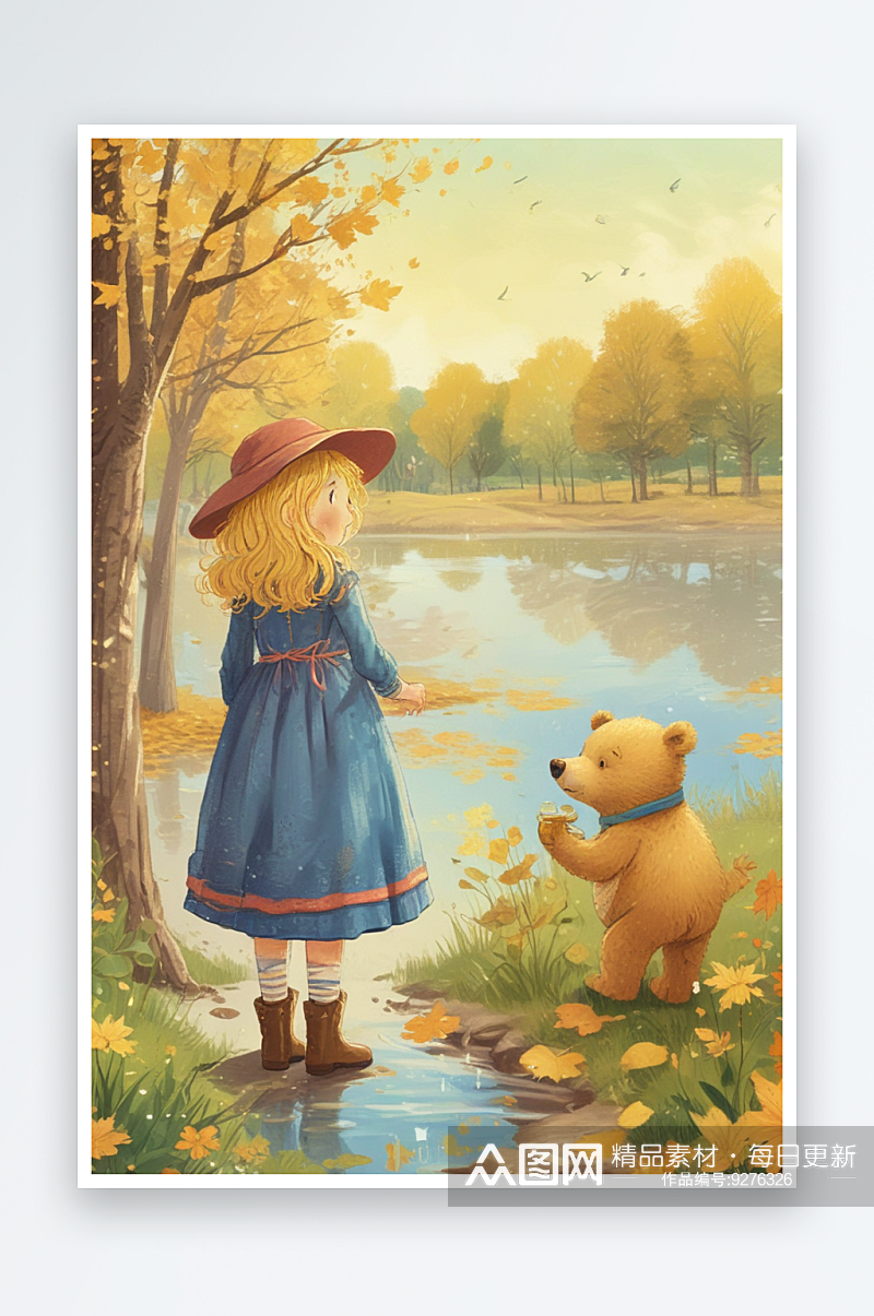 可爱小女孩手绘画帽子和小熊陪伴素材