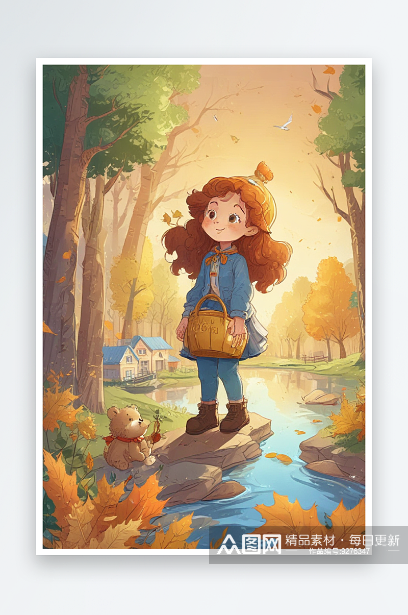 秋天的枫树湖泊插画小女孩的故事素材