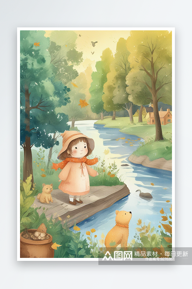 秋天的枫树湖泊插画小女孩的故事素材
