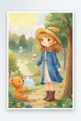 金发小女孩手绘画秋日景色背景