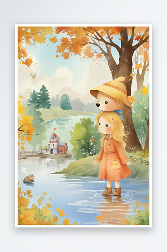 金发小女孩手绘画秋日景色背景