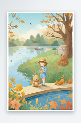 秋天的枫叶和湖泊小女孩手绘画
