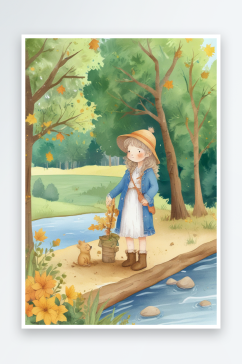 秋天的枫叶和湖泊小女孩手绘画