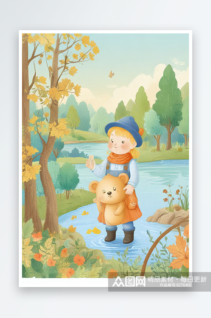 秋天的枫叶和湖泊小女孩手绘画素材