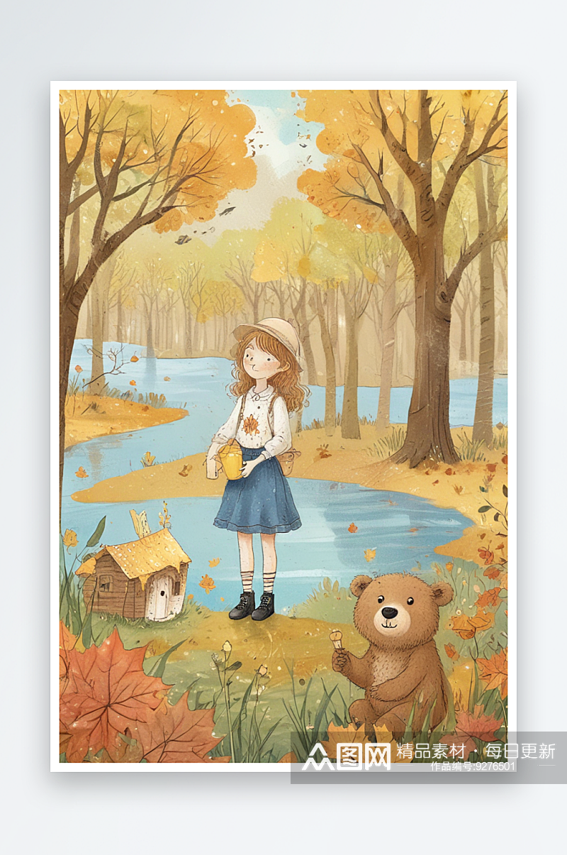 牛仔裤连衣裙小女孩与秋天背景插画素材