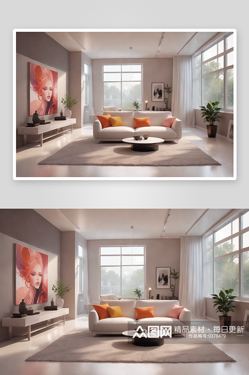 极简白色家具与沙发的客厅装修设计素材