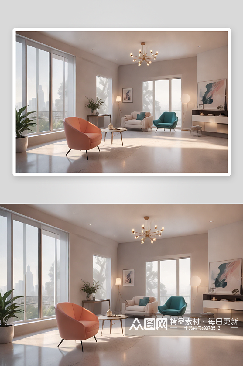 极简风格白色家具与沙发的客厅设计素材