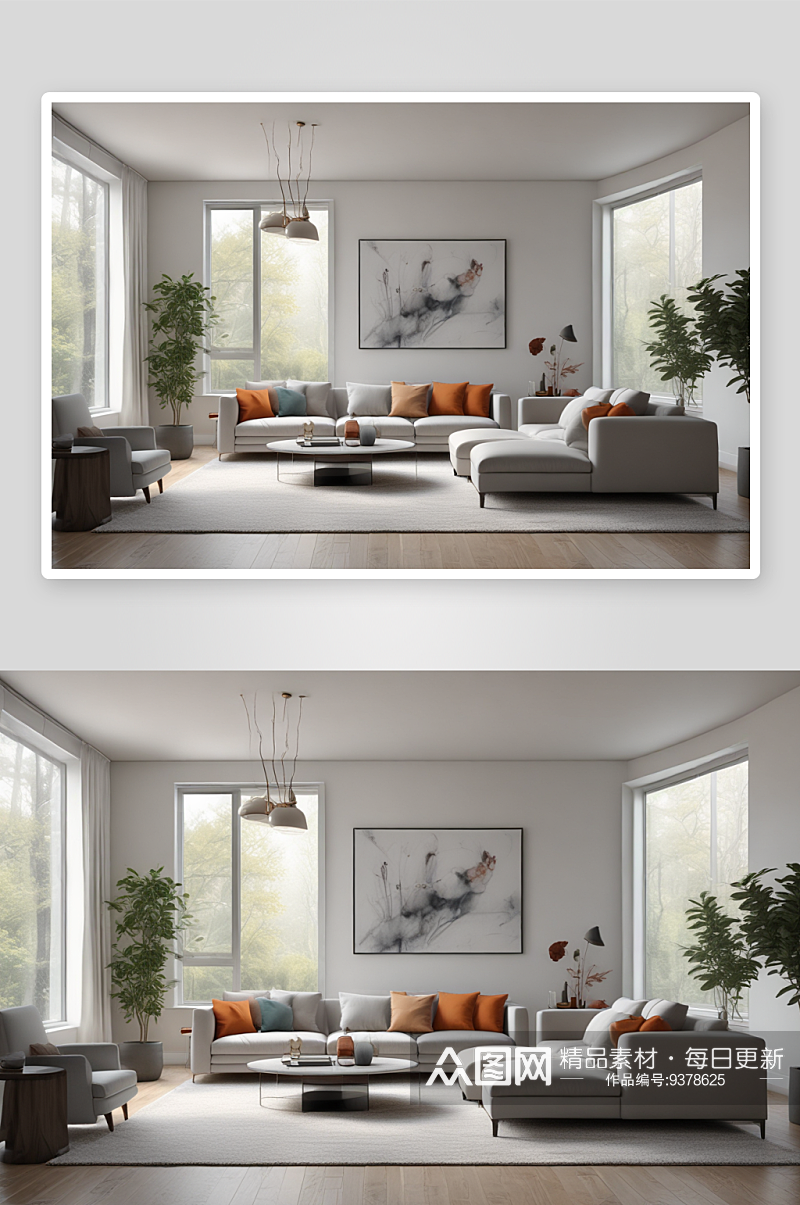 白色家具和沙发打造简洁雅致的客厅空间素材
