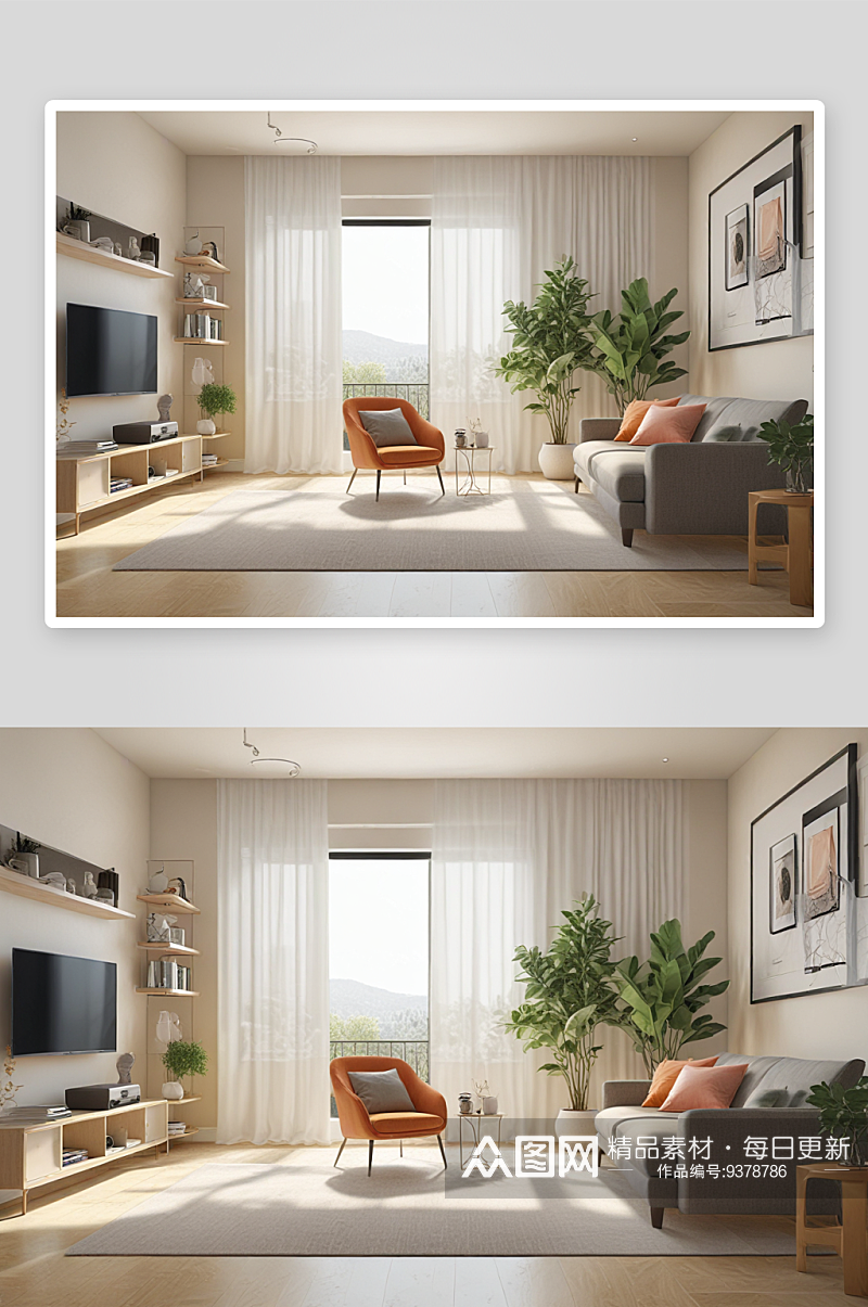 清新简约白色家具与沙发的客厅装修素材