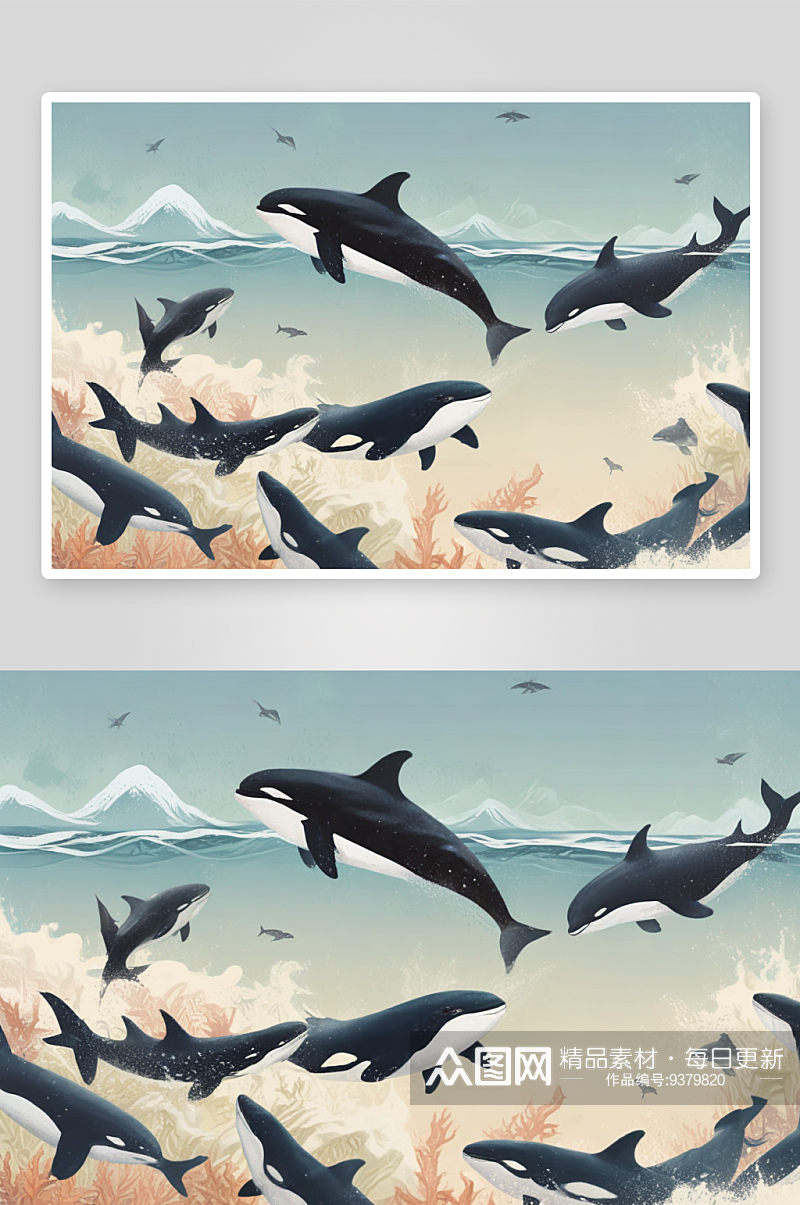 与虎鲸同游探索海洋奇观插画图片素材