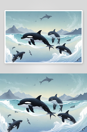 与虎鲸同游探索海洋奇观插画图片