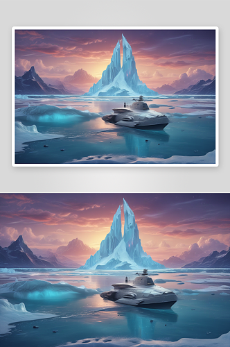 太空船与冰山皮克斯风格的绘画作品