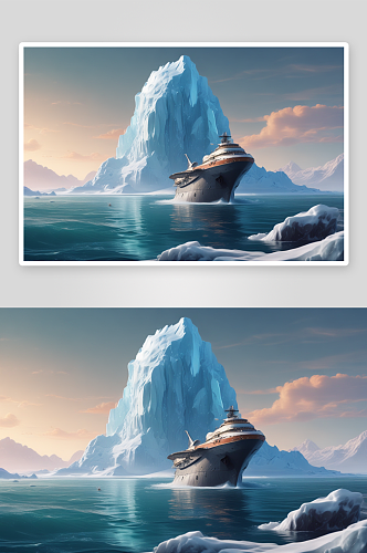 太空船与冰山皮克斯风格的绘画作品