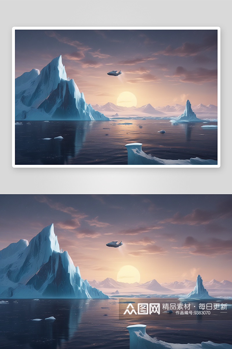 太空船与冰山皮克斯风格的绘画作品素材